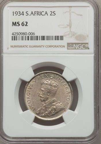 1934 UNION 2 SHILLING - MS62 - NGC 4TH FINEST - 81 GRADED - HERNS VALUE R20 000.00 FOR LOW GRADE