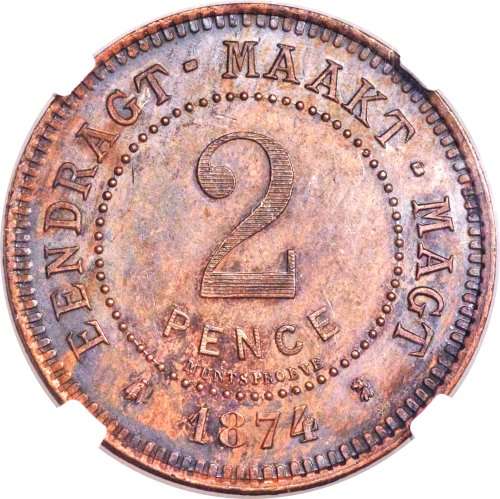 new label- 1874 ZAR 2 PENCE BRONZE **MS61BN * PATTERN PENCE * NGC GRADE - HERNS VALUE R24 000 IN UNC