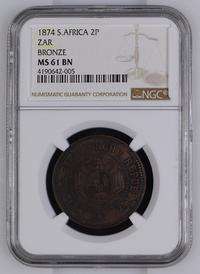 new label- 1874 ZAR 2 PENCE BRONZE **MS61BN * PATTERN PENCE * NGC GRADE - HERNS VALUE R24 000 IN UNC