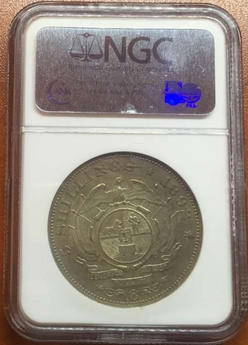 1892 ZAR 5 SHILLING - SINGLE SHAFT - AU55 - NGC GRADE RARETY HERNS VALUE R70,000 IN UNC & R35,000 XF
