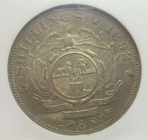 1892 ZAR 5 SHILLING - SINGLE SHAFT - AU55 - NGC GRADE RARETY HERNS VALUE R70,000 IN UNC & R35,000 XF