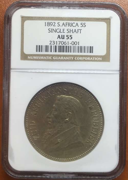 1892 ZAR 5 SHILLING - SINGLE SHAFT - AU55 - NGC GRADE RARETY HERNS VALUE R70,000 IN UNC & R35,000 XF