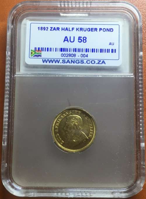*RARE 1/2 POND* 1892 ZAR GOLD 1/2 POND *DOUBLE SHAFT **AU58** SANGS GRADED HERNS IN UNC R60,000