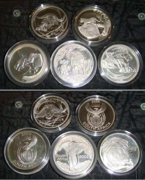 African Big 5 -5 ounces Silver - 20c coin 1oz ea - Elephant - Rhino - Buffalo - Lion & Leopard + COA