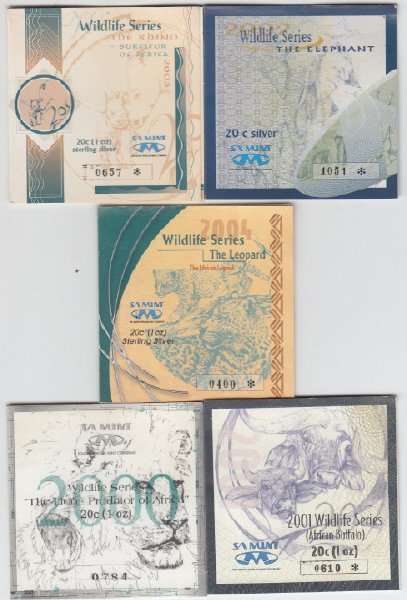 African Big 5 -5 ounces Silver - 20c coin 1oz ea - Elephant - Rhino - Buffalo - Lion & Leopard + COA