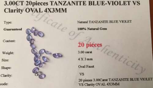 CERTIFIED 3.00cts TANZANITE - OVAL CUT - EXCELLENT TOP COLOR -  20 STONES MIXED SIZES