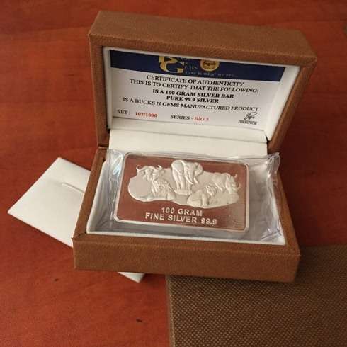 SALE`BIG 5 `100 GRAM SILVER BAR `PRINTED` ONLY 1000 MINTED COLLECTORS SERIES- BOX & CERTIFICATE