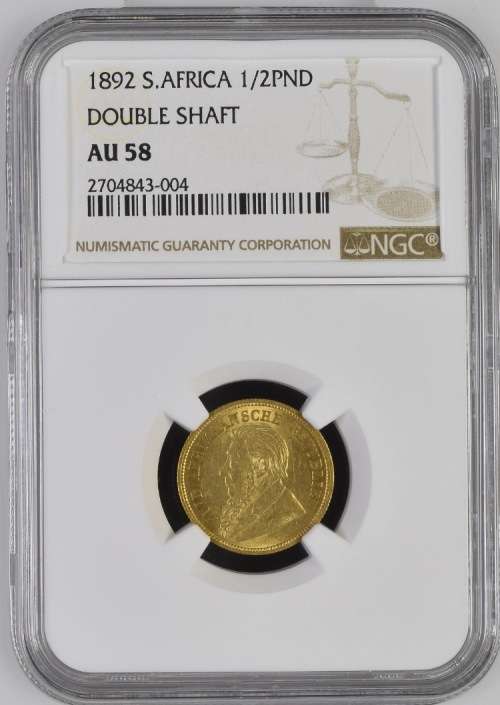 1892 ZAR GOLD 1/2 POND *DOUBLE SHAFT * AU58 * NGC GRADE - HERNS VALUE IN UNC R60,000