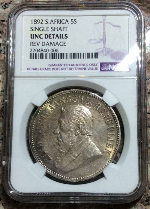 UNC - 1892 ZAR 5 SHILLING - SINGLE SHAFT - MINTSTATE - UNC DETAILS - NGC GRADE -VALUE R35,000 IN UNC