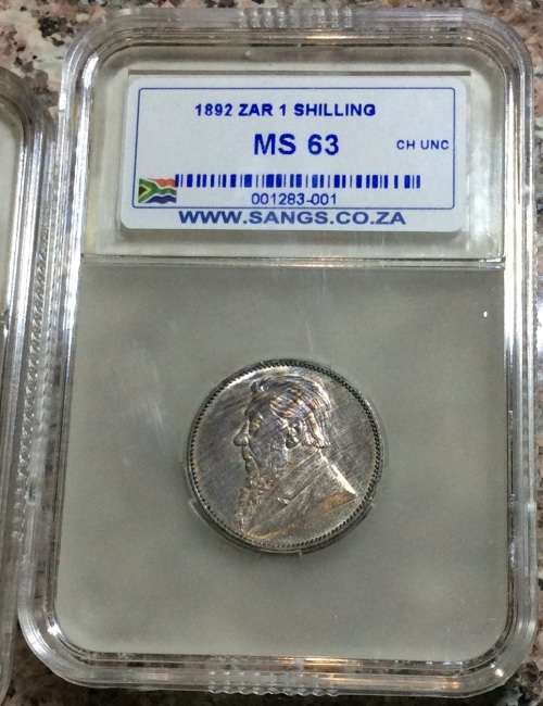 ** MS63 ** 1892 ZAR 1 SHILLING ** MS63 ** SANGS Graded Rarety - book value R30 000 in UNC