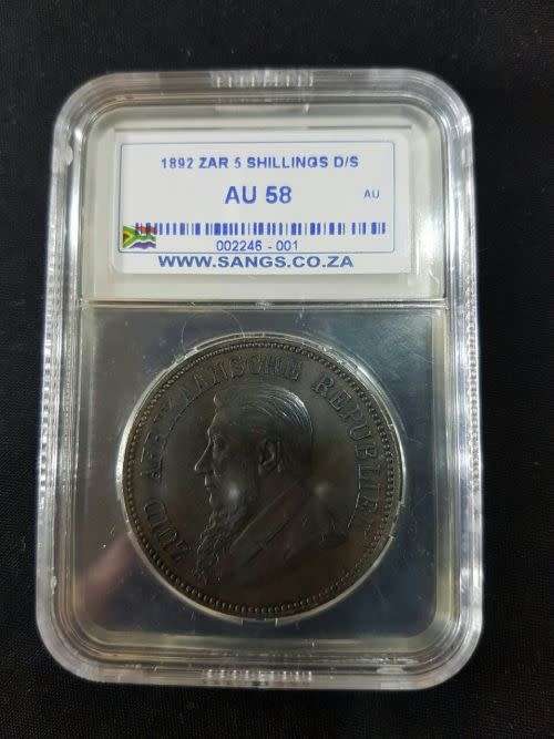 1892 ZAR 5 SHILLING - DOUBLE SHAFT - AU58 - SANGS GRADE- HERNS VALUE R100,000 IN UNC & R40,000 IN XF