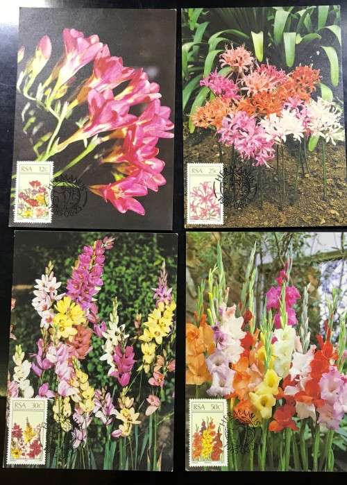 1985 POSTCARD SET OF 4 - SA FLORAL EMIGRANTS- LIKE NEW - BID PER CARD x4 - UN-USED