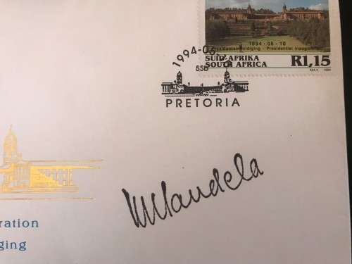 sale 1994 INAUGURATION R5 PROOF R5 COIN FDC - MANDELA AUTOPEN SIGNATURE -WITH FDC COVER - PROOF COIN