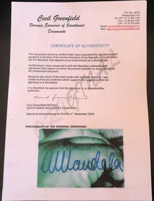 SIGNED - MANDELA PHOTOGRAPH SIGNED IN INK + CERTIFICATE BY CECIL GREENFIELDS INCLUDED + R5 COIN SET