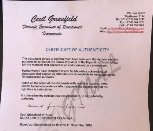 SIGNED - MANDELA PHOTOGRAPH SIGNED IN INK + CERTIFICATE BY CECIL GREENFIELDS INCLUDED + R5 COIN SET