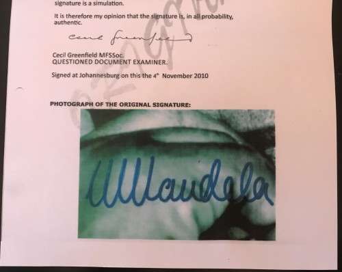 SIGNED - MANDELA PHOTOGRAPH SIGNED IN INK + CERTIFICATE BY CECIL GREENFIELDS INCLUDED + R5 COIN SET