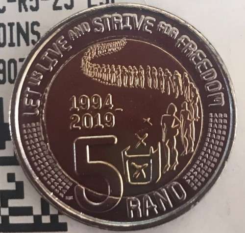 2019 RSA - R5 COIN - 25 YEARS OF DEMOCRACY - SOUTH AFRICA - Brilliant **UNC** from sealed bag -