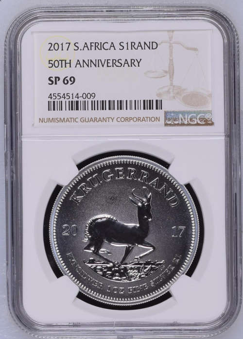 2017 - SA KRUGERRAND SILVER 1oz FINE  - PURE 999 SILVER - 50th ANNIVERSARY MINT MARK- SP69 -NGC