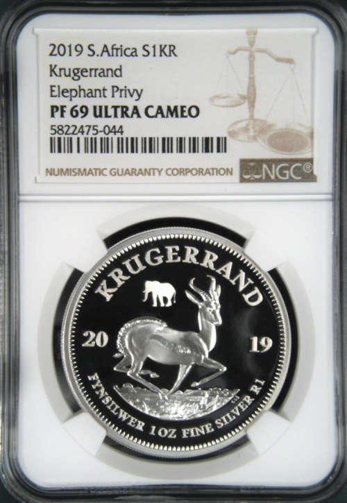 2019 SA KRUGERRAND *BIG 5 ELEPHANT PRIVY KRUGERRAND & BIG 5 * 1oz FINE 999 SILVER -SET PF69 UC - NGC