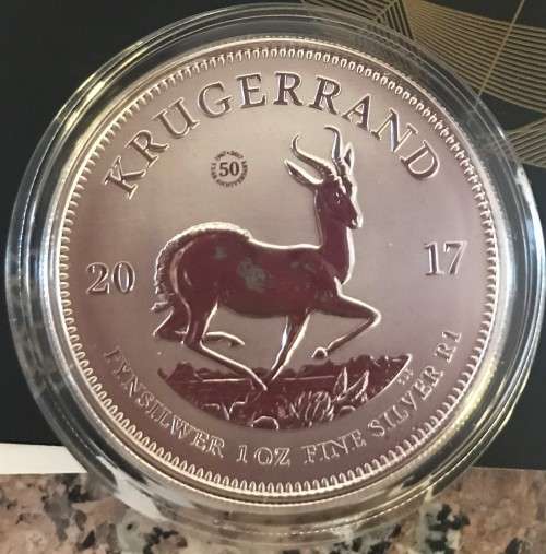 PREMIUM UNC -2017 SA KRUGERRAND SILVER 1oz FINE 999 SILVER 50th ANNIVERSARY MINT MARK-SAMINT BOX+COA
