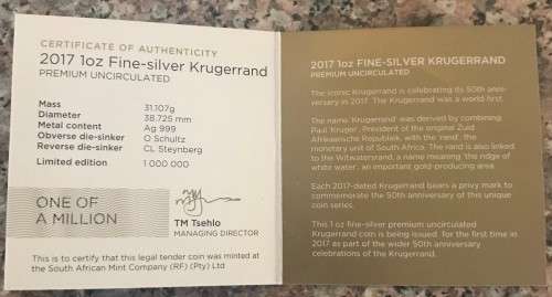 PREMIUM UNC -2017 SA KRUGERRAND SILVER 1oz FINE 999 SILVER 50th ANNIVERSARY MINT MARK-SAMINT BOX+COA