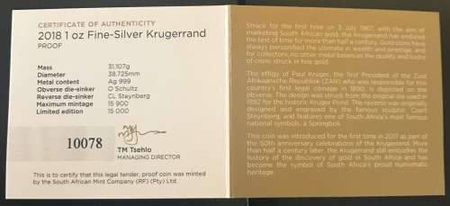 PROOF - 2018 SA KRUGERRAND SILVER 1oz FINE 999 SILVER - samint box + coa