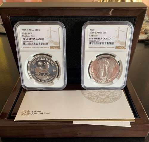 2019 SA KRUGERRAND *BIG 5 ELEPHANT PRIVY KRUGERRAND & BIG 5 * 1oz FINE 999 SILVER -SET PF69 UC - NGC