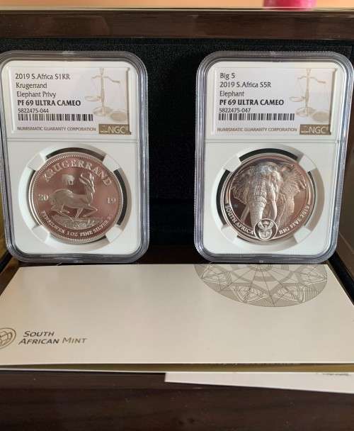 2019 SA KRUGERRAND *BIG 5 ELEPHANT PRIVY KRUGERRAND & BIG 5 * 1oz FINE 999 SILVER -SET PF69 UC - NGC