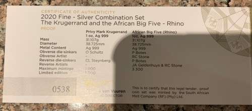 2020 SA KRUGERRAND PRIVY SET *BIG 5 RHINO & *MINT MARK* PRIVY KRUGERRAND*PROOF 1oz FINE 999 SILVERS