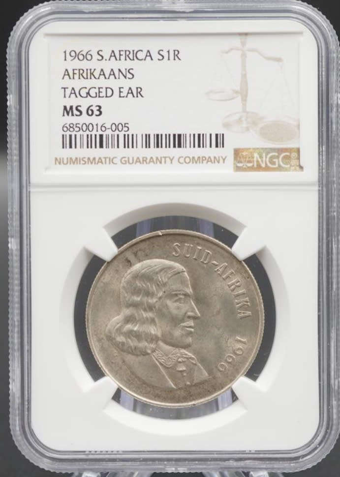1966 SILVER RAND ** TAG EAR ** AFRIKAANS - MS63 - NGC GRADED RARETY - ABOUT 600 MINTED