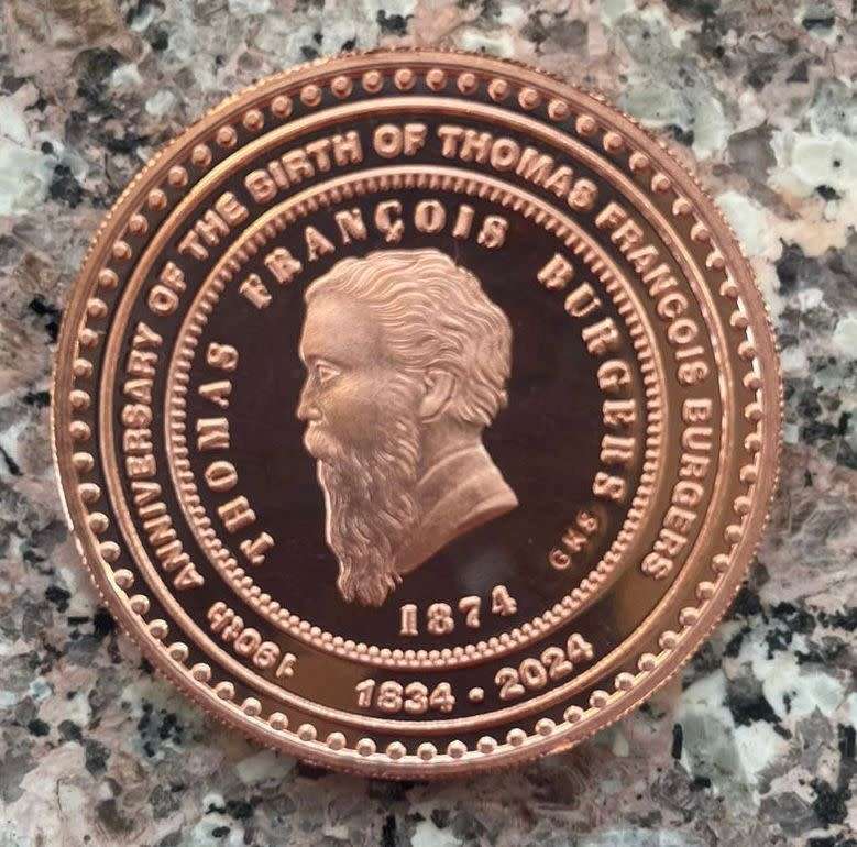 1oz COPPER - 150 YEAR ANNIVERSARY OF THE BURGERS POND `GNS` FLYPRESS OVER STAMP