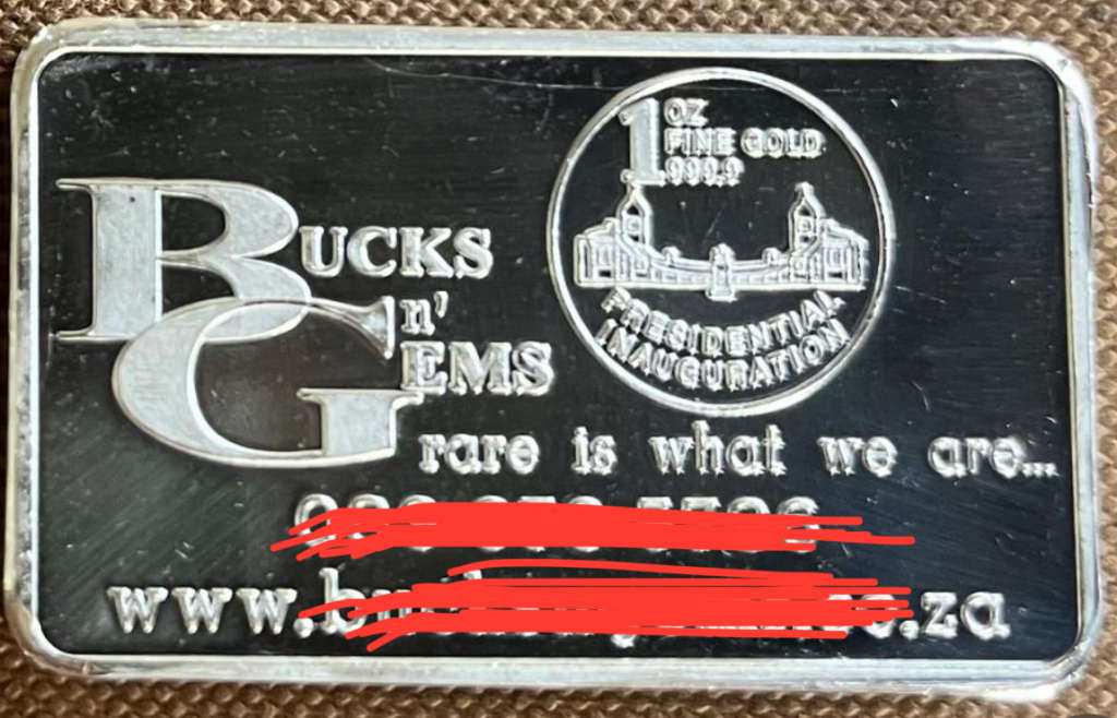 BIG 5 - 1oz PURE SILVER PROOF BAR *PRINTED* BUCKS `n GEMS BAR + CERTIFICATE
