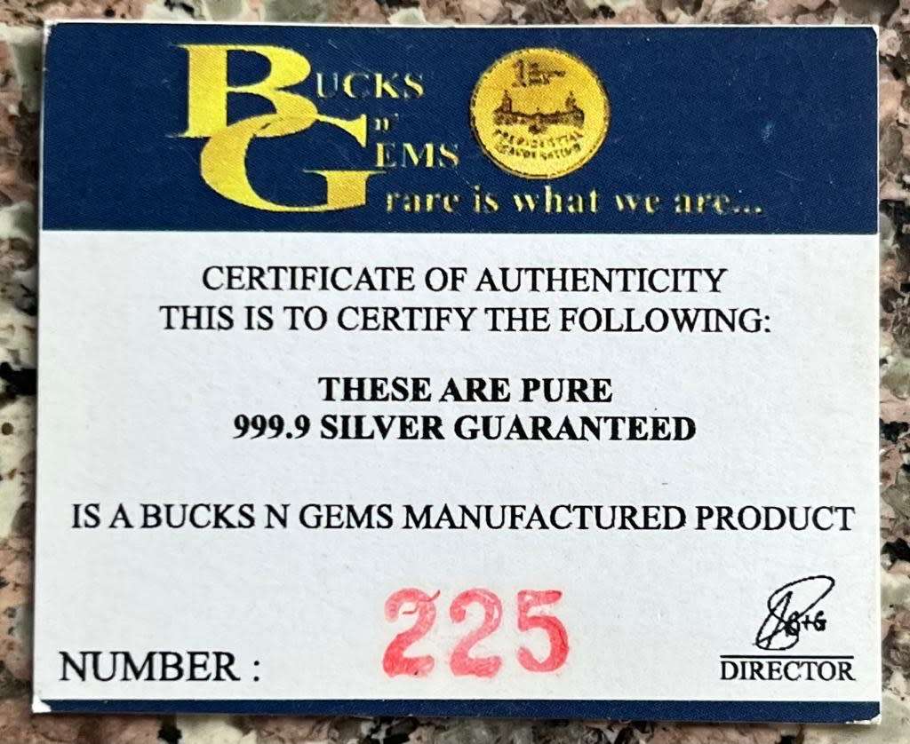 1oz PURE SILVER PROOF BAR *BITCOIN* BUCKS `n GEMS PROOF MINTED BAR + CERTIFICATE