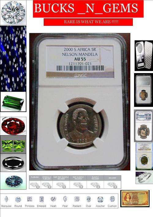 **CRAZY R1 START**GRADED 2000 MANDELA SMILE R5 COIN AU55 !!!!!!!!!VERY nice