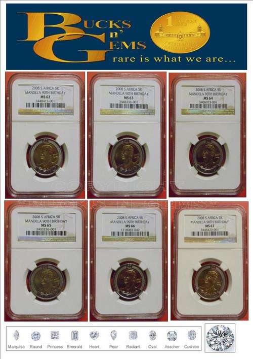 6 COINS---2008 MANDELA B-DAY R5 MS62/63/64/65/66/67-NGC--1 price for all 6--3 sets available