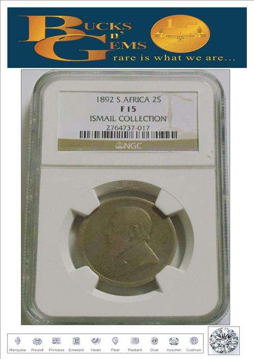 **FINE15** 1892 ZAR  2 SHILING  **F15**-NGC GRADED HIGH VALUE RARE COIN