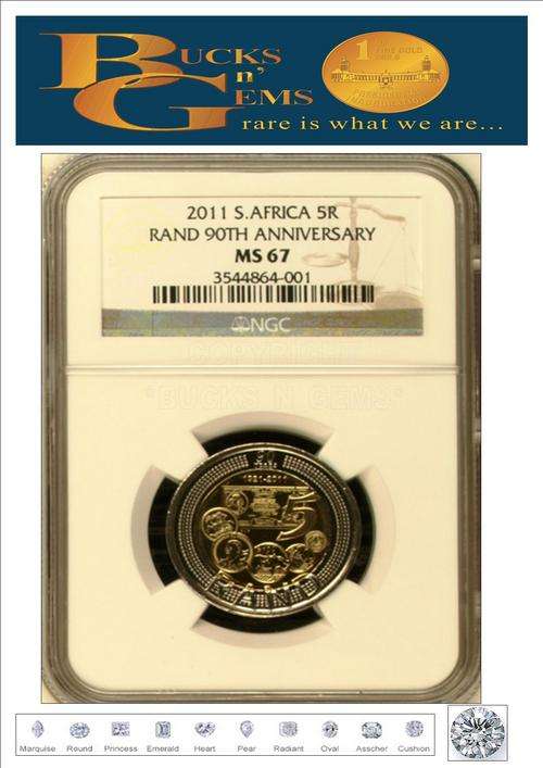 2 available**BRANDNEW MS67 ** 2011 SOUTH AFRICAN RESERVE BANK R5 **MS67**NGC GRADED--RARE