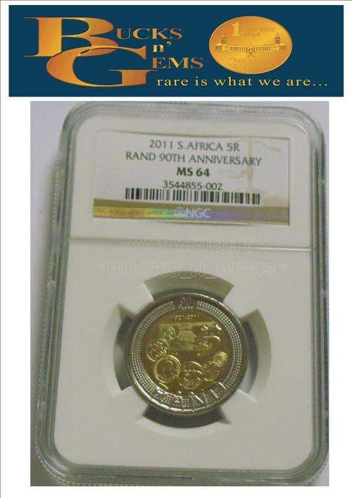 3 AVAIALBLE **SARB  MS64 ** 2011 SOUTH AFRICAN RESERVE BANK R5 ** MS64 **NGC GRADED--RARE