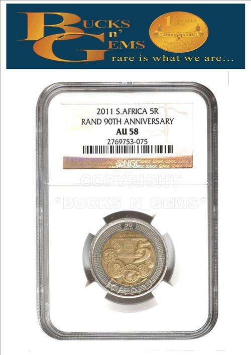 THE FIRST !!! **SARB AU58 ** 2011 SOUTH AFRICAN RESERVE BANK R5 ** AU58 **NGC GRADED--RARE