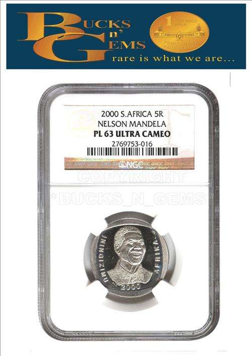 **PL63 U/CAMEO**--2000 MANDELA SMILE R5 COIN **PL63 ULTRA CAMEO**--NGC GRADED HIGH VALUE