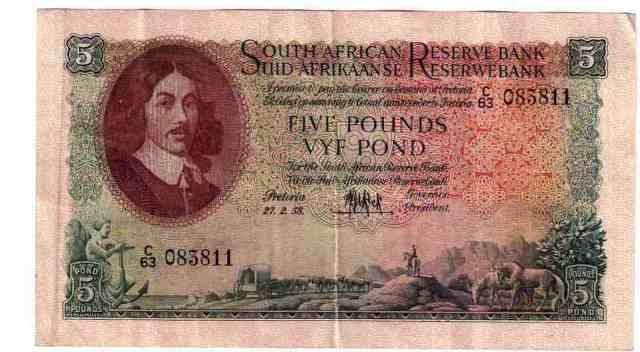 RARE: 5 POUND JAN VAN RIEBEEK NOTE DATED 27.2.1958, VF CONDITION
