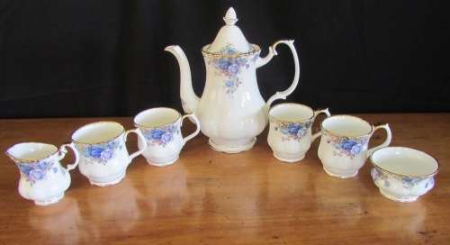 ROYAL ALBERT MOONLIGHT ROSE COFFEE SET=8 pieces=4 MUGS=POT=MILK=SUGAR=England=FINE BONE CHINA.