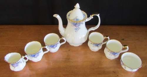 ROYAL ALBERT MOONLIGHT ROSE COFFEE SET=8 pieces=4 MUGS=POT=MILK=SUGAR=England=FINE BONE CHINA.
