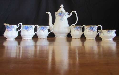 ROYAL ALBERT MOONLIGHT ROSE COFFEE SET=8 pieces=4 MUGS=POT=MILK=SUGAR=England=FINE BONE CHINA.