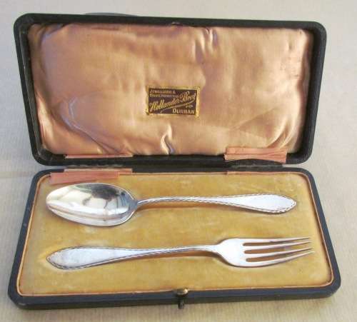 BOXED FORK & SPOON=STERLING SILVER=CHILD SET?=BIRMINGHAM=1910=LEVI & SALAMAN=HOLLANDER BRO'S DURBAN.
