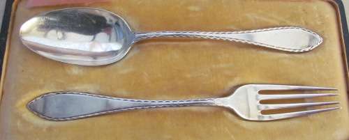 BOXED FORK & SPOON=STERLING SILVER=CHILD SET?=BIRMINGHAM=1910=LEVI & SALAMAN=HOLLANDER BRO'S DURBAN.