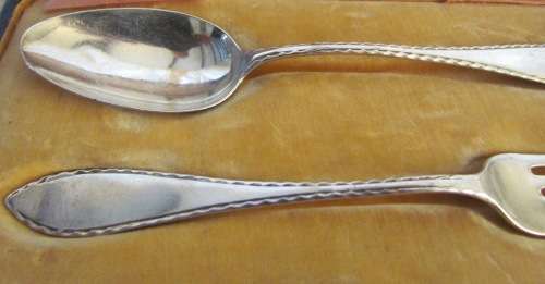 BOXED FORK & SPOON=STERLING SILVER=CHILD SET?=BIRMINGHAM=1910=LEVI & SALAMAN=HOLLANDER BRO'S DURBAN.