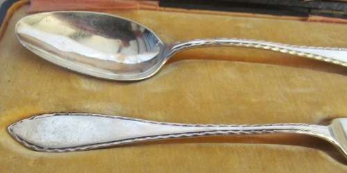 BOXED FORK & SPOON=STERLING SILVER=CHILD SET?=BIRMINGHAM=1910=LEVI & SALAMAN=HOLLANDER BRO'S DURBAN.