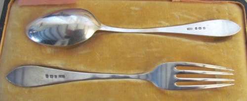 BOXED FORK & SPOON=STERLING SILVER=CHILD SET?=BIRMINGHAM=1910=LEVI & SALAMAN=HOLLANDER BRO'S DURBAN.