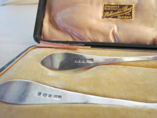 BOXED FORK & SPOON=STERLING SILVER=CHILD SET?=BIRMINGHAM=1910=LEVI & SALAMAN=HOLLANDER BRO'S DURBAN.